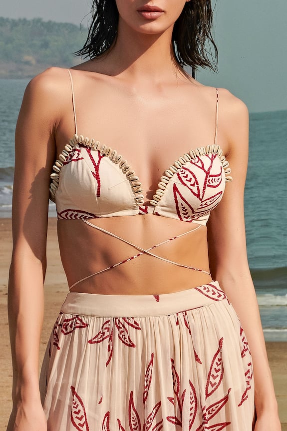 Arpita Mehta Beige Silk Crepe Printed Crop Top And Skirt Set 4