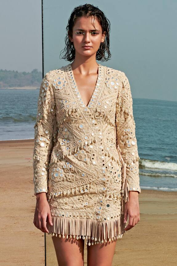 Arpita Mehta Beige Suede Embroidered Fringe Jacket Dress 0