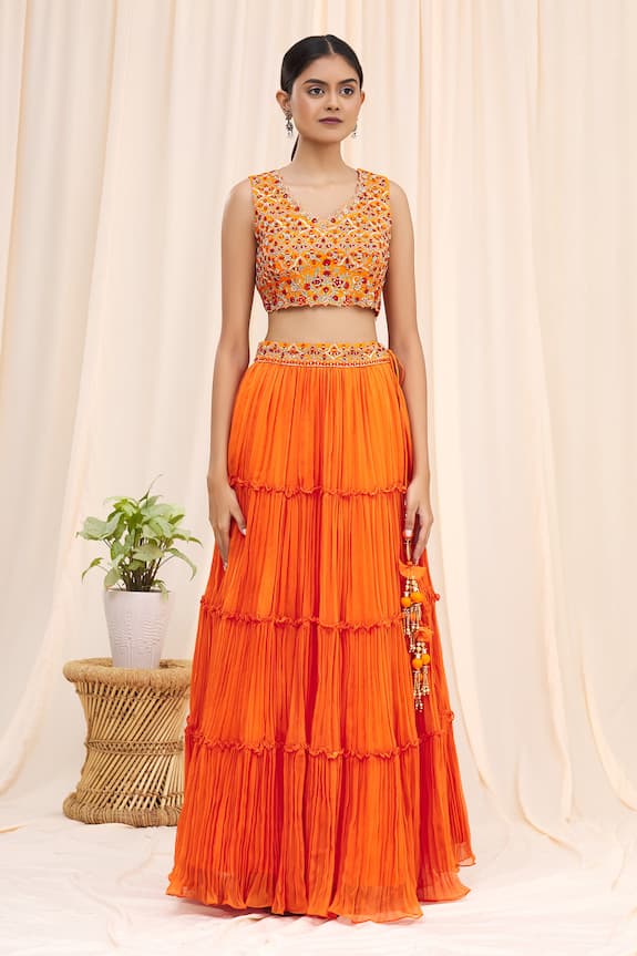 Khwaab by Sanjana Lakhani Orange Raw Silk Embroidered Blouse And Frill Lehenga Set 3