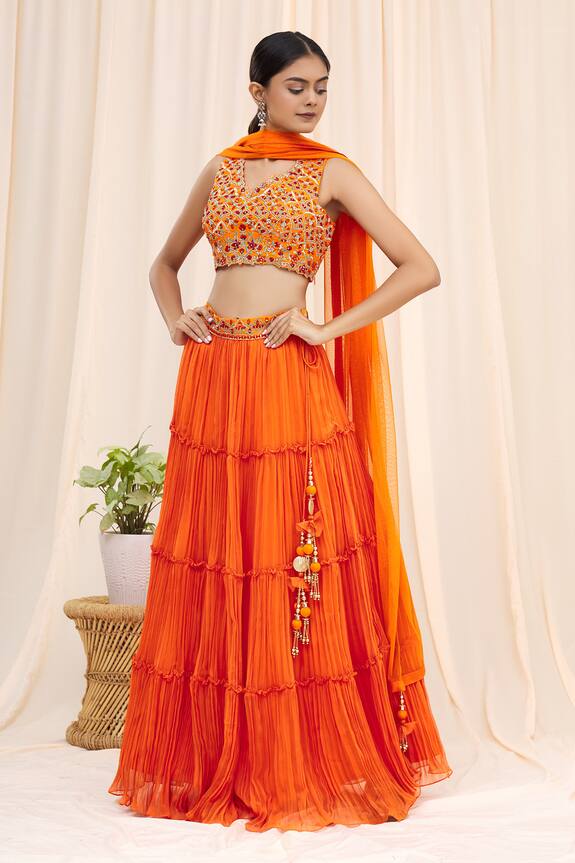 Khwaab by Sanjana Lakhani Orange Raw Silk Embroidered Blouse And Frill Lehenga Set 4