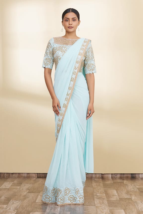 Naintara Bajaj Blue Lycra Pre-draped Saree With Blouse 4