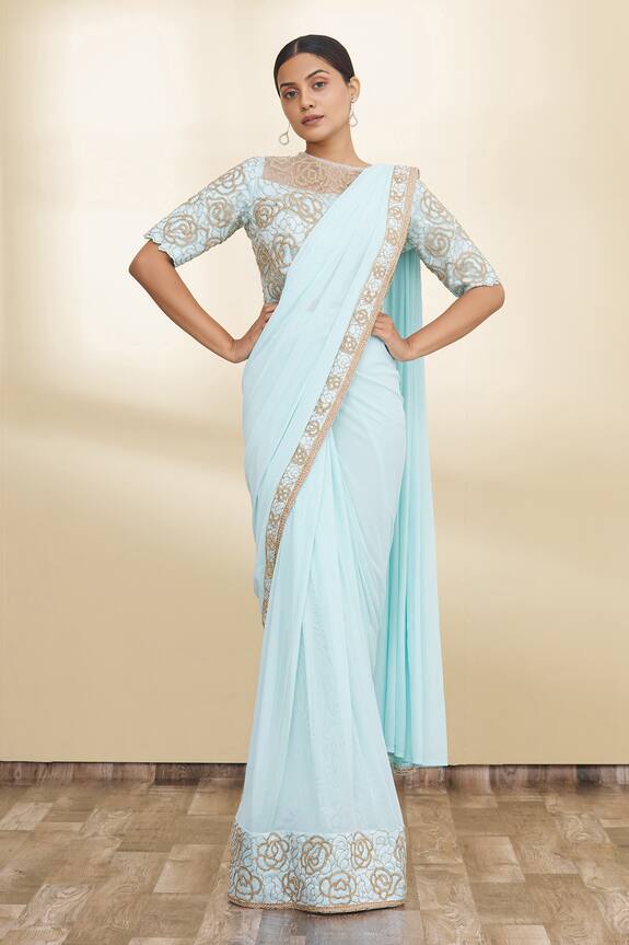 Naintara Bajaj Blue Lycra Pre-draped Saree With Blouse 1