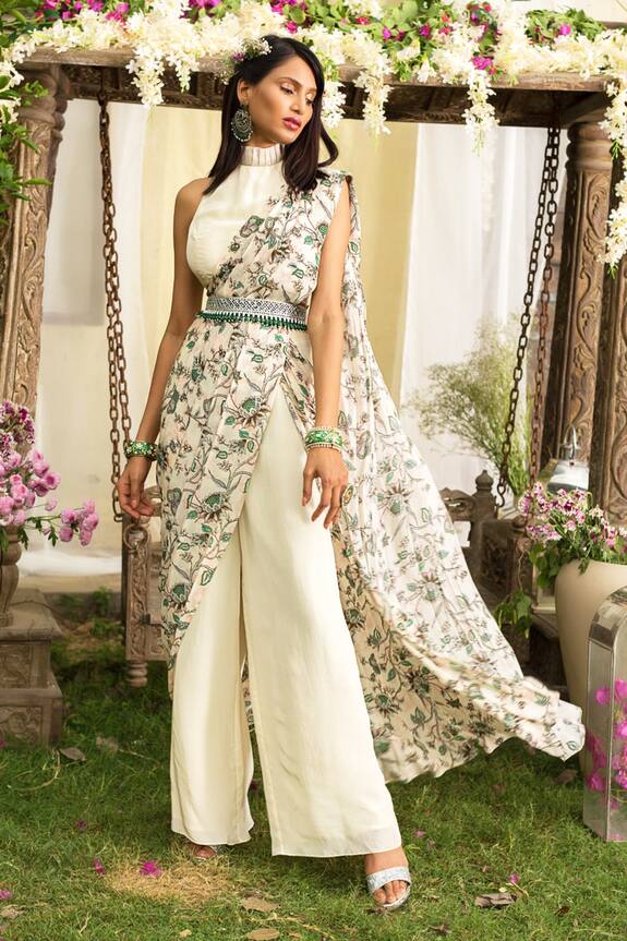 Chhavvi Aggarwal White Crepe Printed Pant Saree With Blouse 0