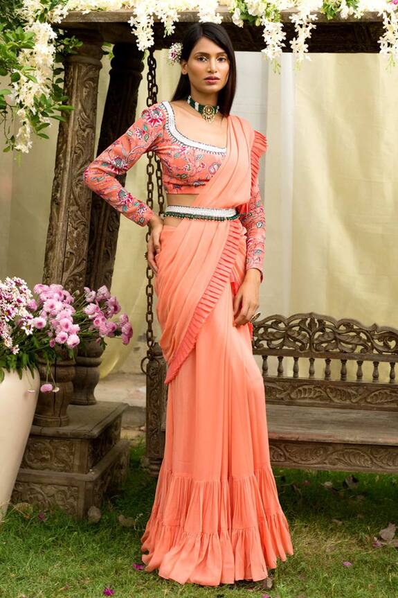 Chhavvi Aggarwal Peach Crepe Georgette Pre-draped Saree With Blouse 1
