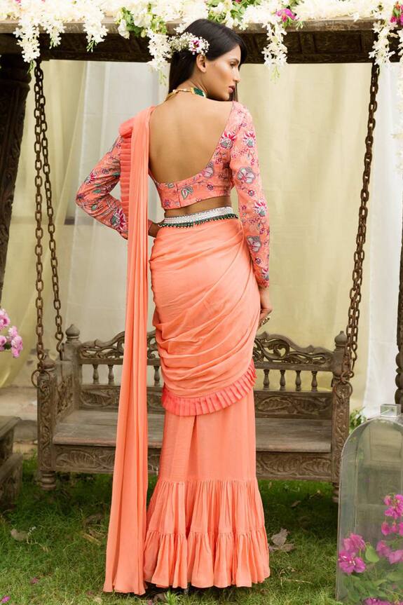 Chhavvi Aggarwal Peach Crepe Georgette Pre-draped Saree With Blouse 2