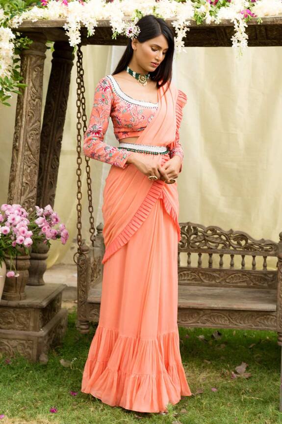Chhavvi Aggarwal Peach Crepe Georgette Pre-draped Saree With Blouse 3