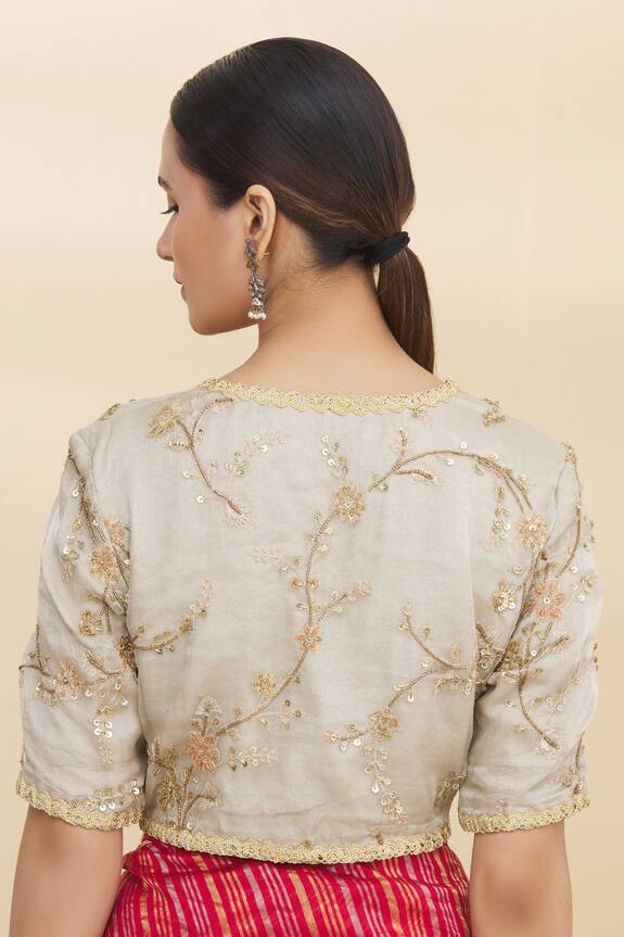 Pranay Baidya Grey Floral Embroidered Saree Blouse 2