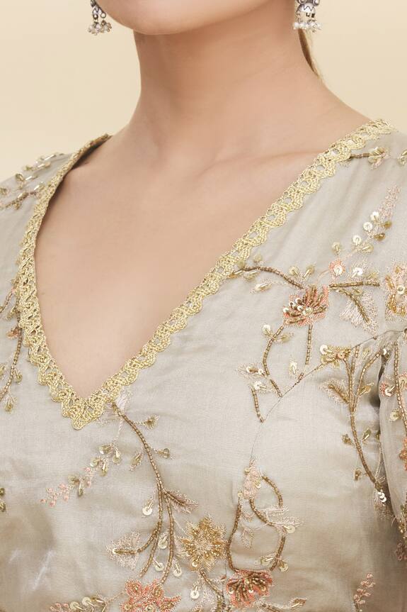 Pranay Baidya Grey Floral Embroidered Saree Blouse 6