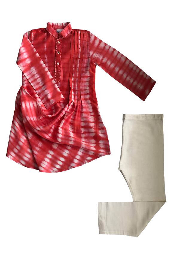 Krishna Mehta Red Silk Tie-dye Draped Kurta And Pant Set For Boys 0