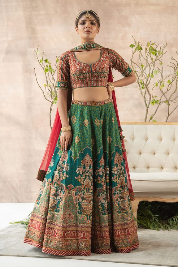 Buy Kalista Green Dola Silk Embroidered Lehenga Set Online | Aza Fashions