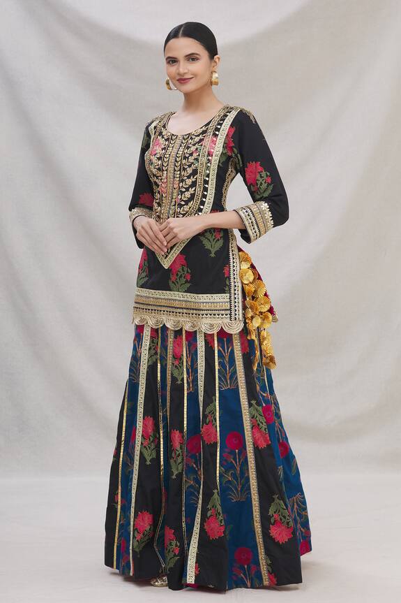 Kunwaraniritu Black Cotton Printed Kurta Lehenga Set 0