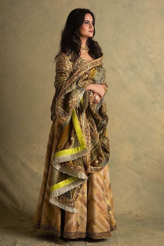 Priyanka Raajiv Gold Banarasi Silk Lehenga Set 1