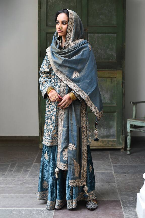 Heena Kochhar Blue Velvet Kurta Sharara Set 0