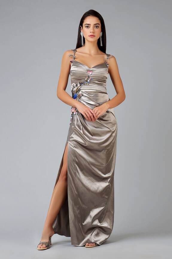 Geisha Designs Grey Embellished Slit Gown 0