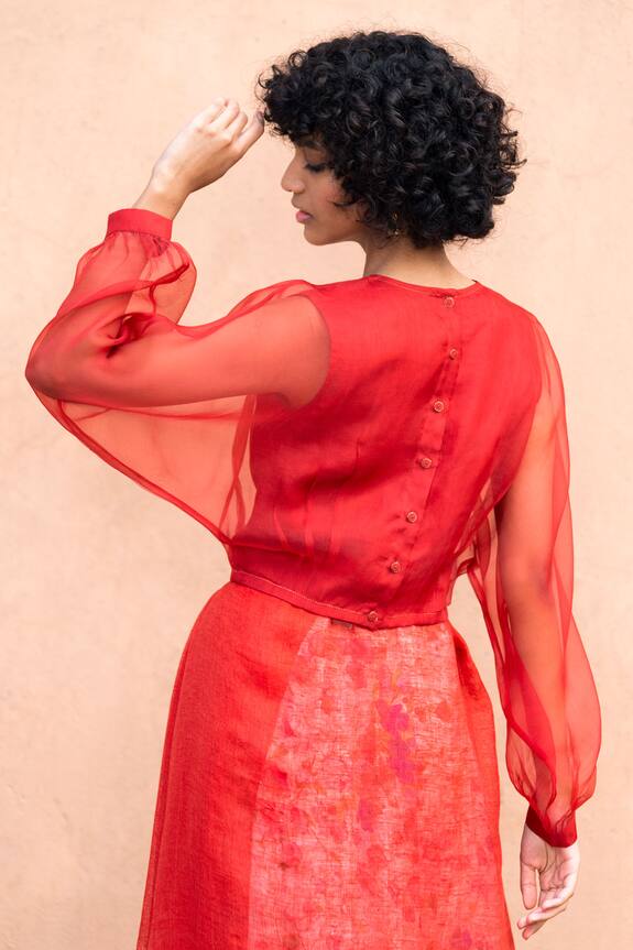 Anavila Red Organza Silk Puff Sleeve Saree Blouse 2