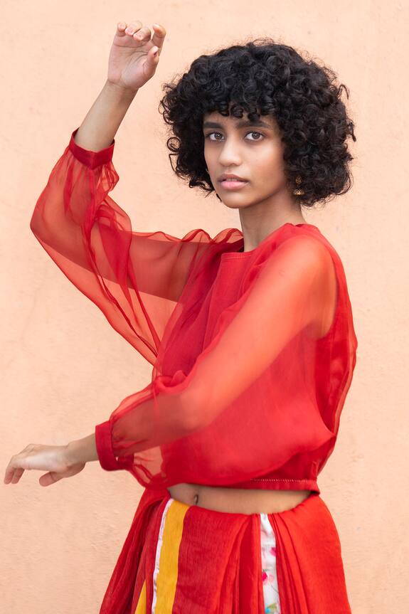 Anavila Red Organza Silk Puff Sleeve Saree Blouse 3