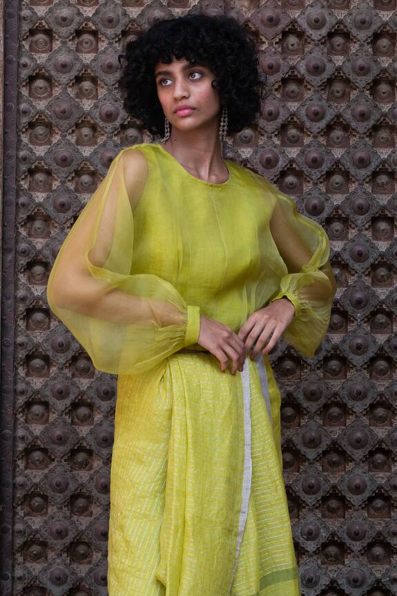 Anavila Green Organza Silk Puff Sleeve Saree Blouse 1