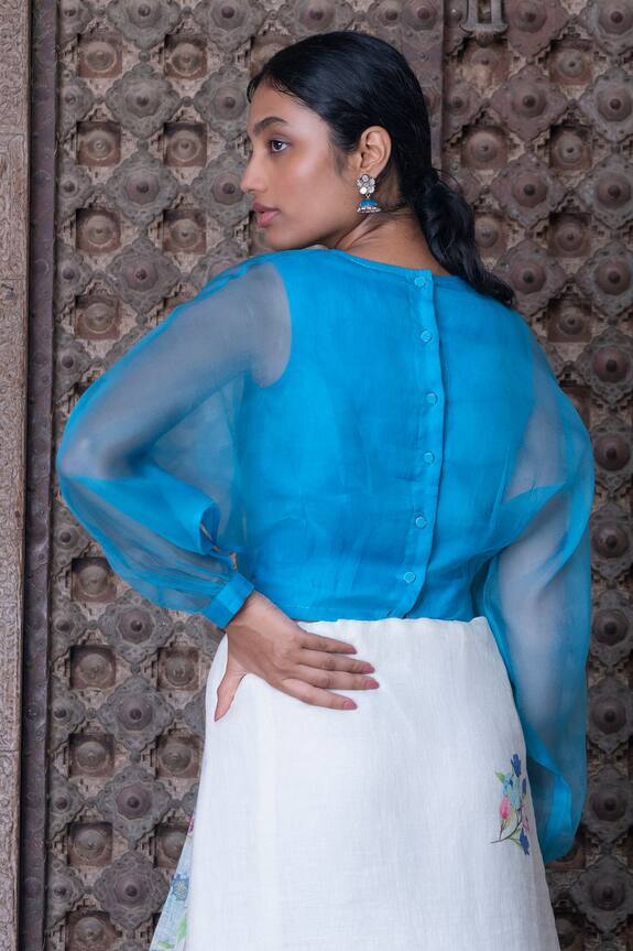 Anavila Blue Organza Silk Puff Sleeve Saree Blouse 2