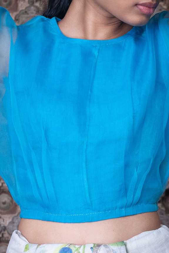 Anavila Blue Organza Silk Puff Sleeve Saree Blouse 3