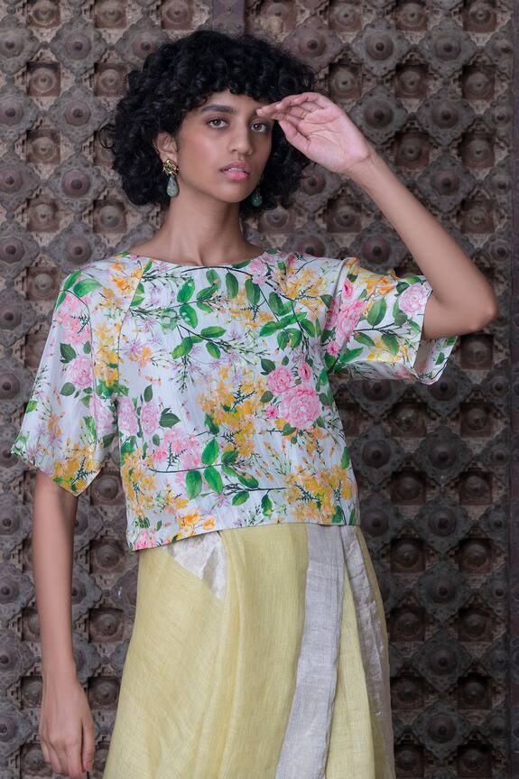 Buy_Anavila_Blue Silk Floral Print Saree Blouse_at_Aza_Fashions