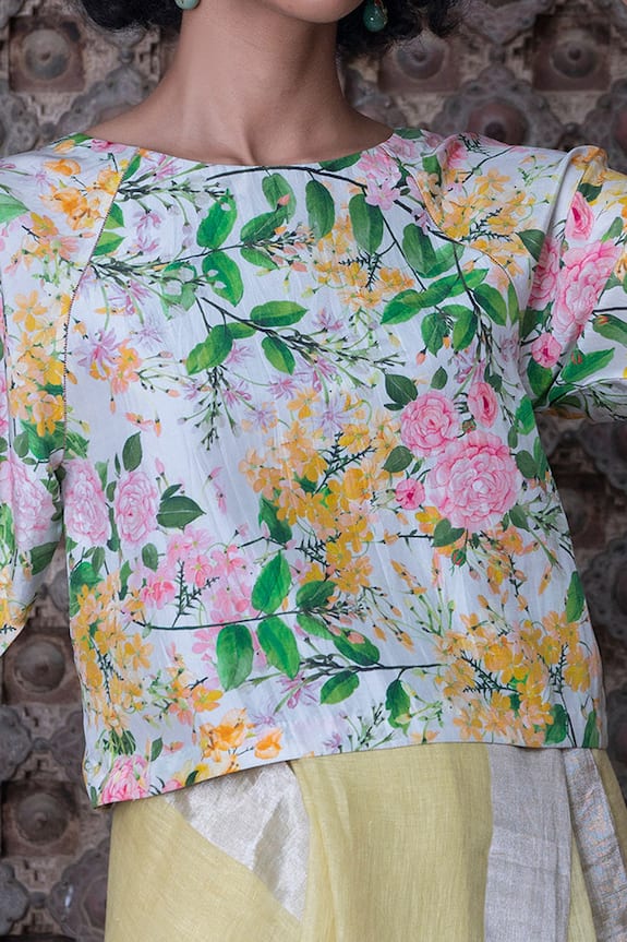 Anavila_Blue Silk Floral Print Saree Blouse_Online_at_Aza_Fashions