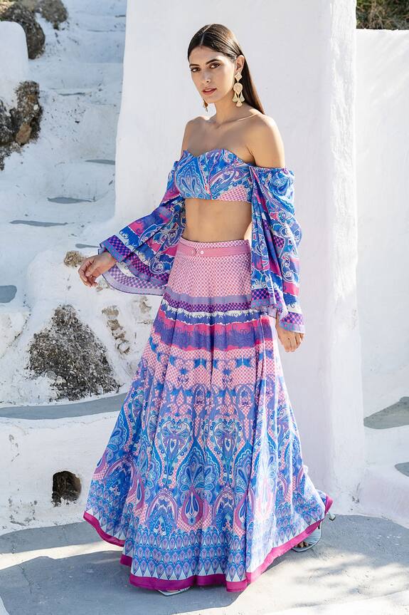 Shruti Sancheti Blue Muslin Printed Crop Top And Skirt Set 0