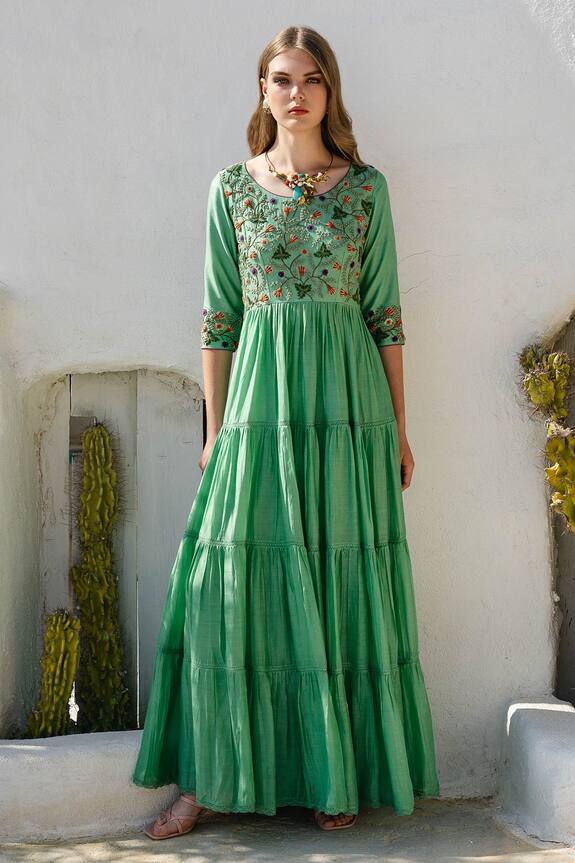 Shruti Sancheti Green Mul Embroidered Dress 0