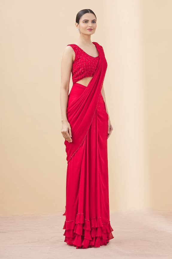 Buy Arpan Vohra Red Georgette Pre-draped Ruffle Saree With Blouse ...