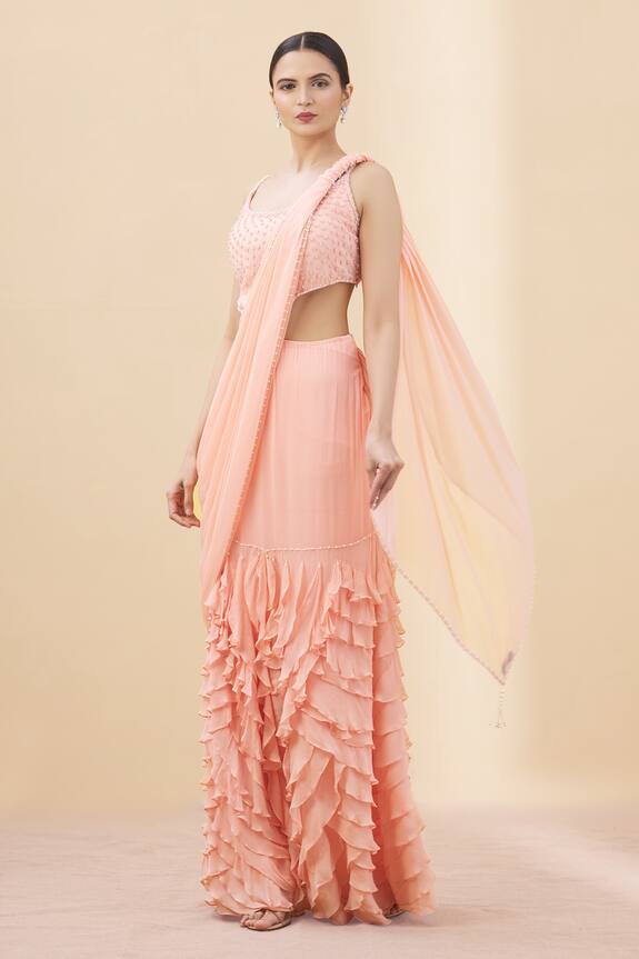 Arpan Vohra Peach Georgette Pre-draped Saree Gown With Blouse 1