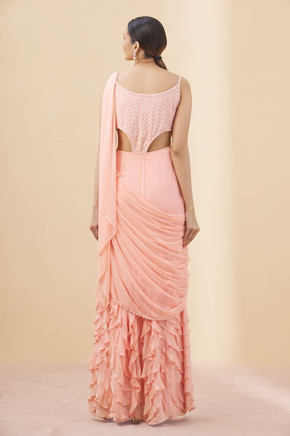Arpan Vohra Peach Georgette Pre-draped Saree Gown With Blouse 2