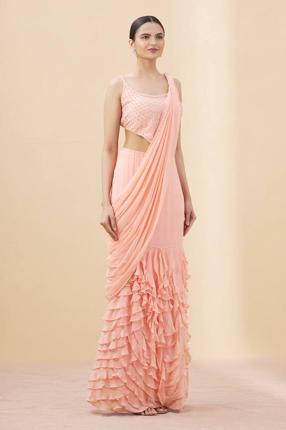Arpan Vohra Peach Georgette Pre-draped Saree Gown With Blouse 3