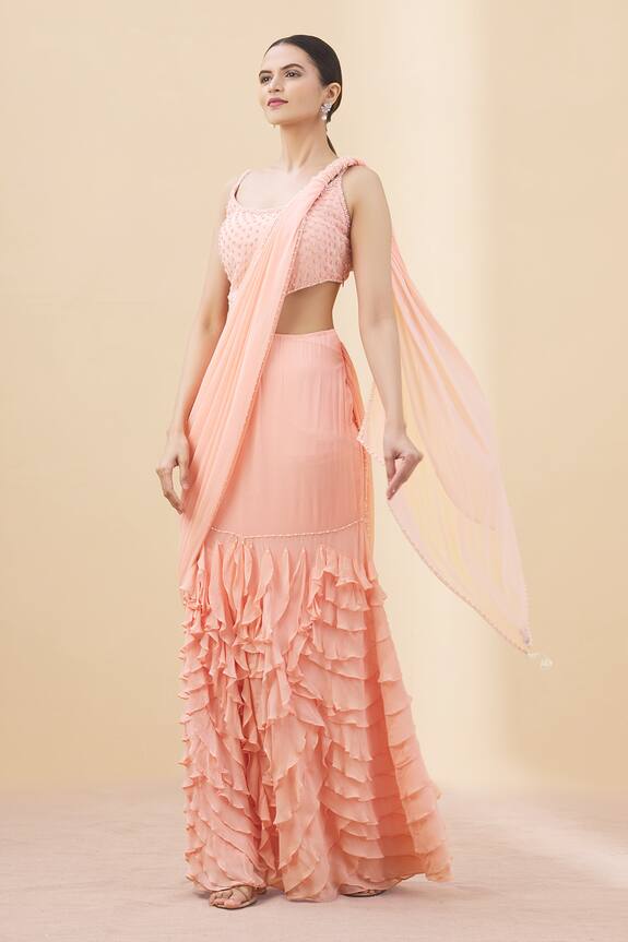 Arpan Vohra Peach Georgette Pre-draped Saree Gown With Blouse 4