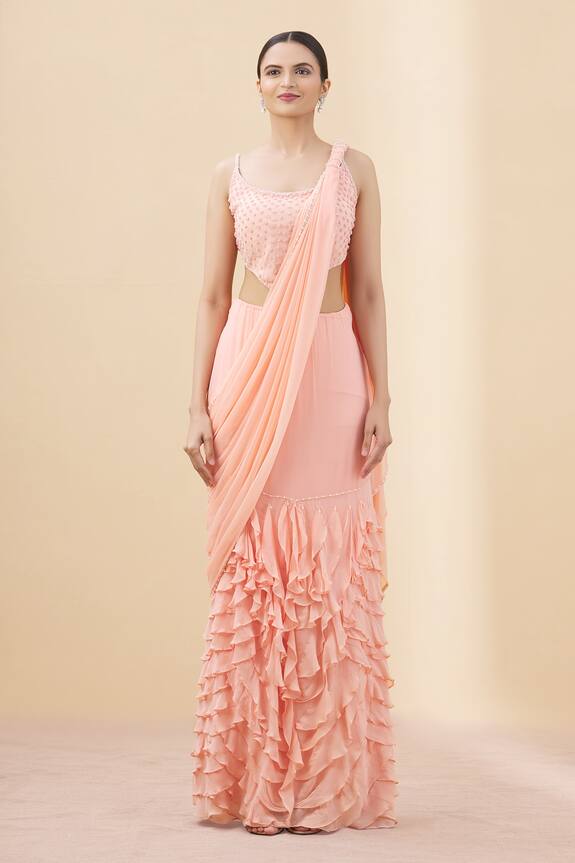 Arpan Vohra Peach Georgette Pre-draped Saree Gown With Blouse 5