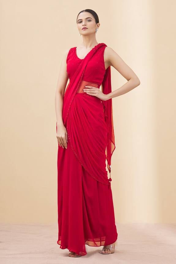 Arpan Vohra Red Georgette Embellished Saree Gown With Blouse 0