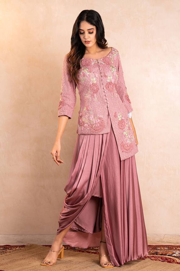Shikha and Srishti Design Pink Satin Asymmetric Jacket And Pleated Skirt Set 1