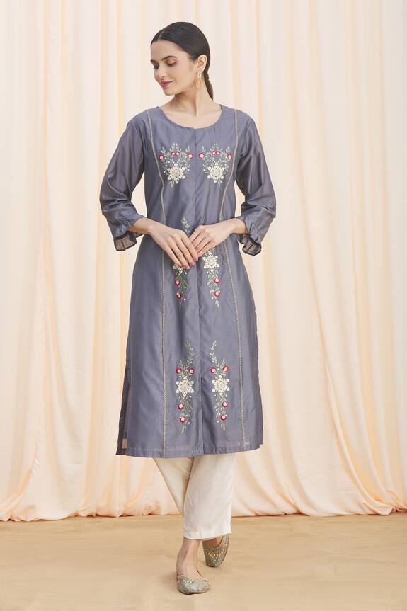 Adara Khan Grey Rayon Slub Floral Embroidered Kurta Pant Set 0