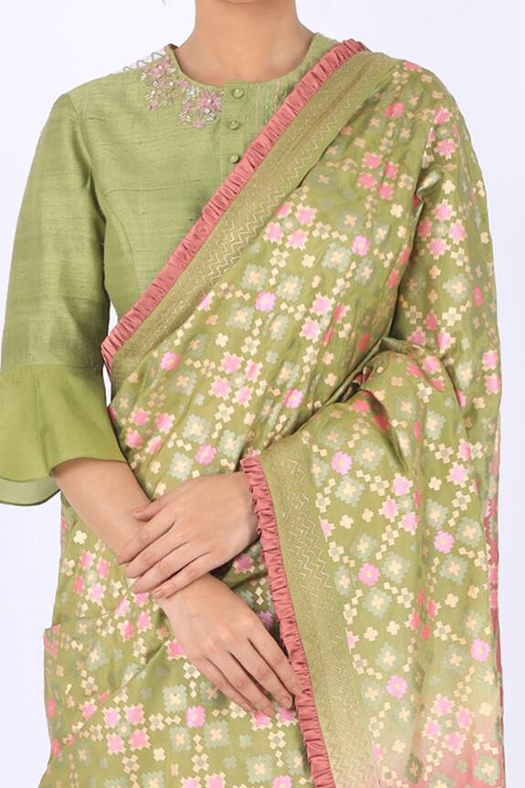 I am Design Green Silk Ikat Saree 5