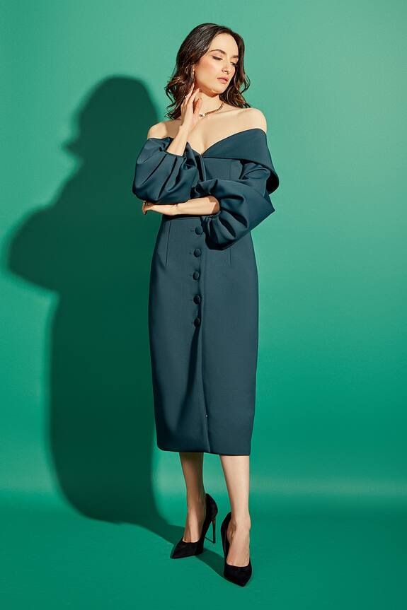 Asra Blue Scuba Off Shoulder Dress 0