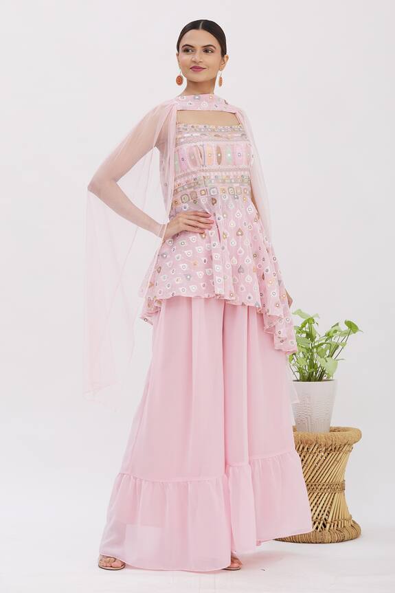 Nazaakat by Samara Singh Pink Georgette Embroidered Peplum Tunic Gharara Set 1