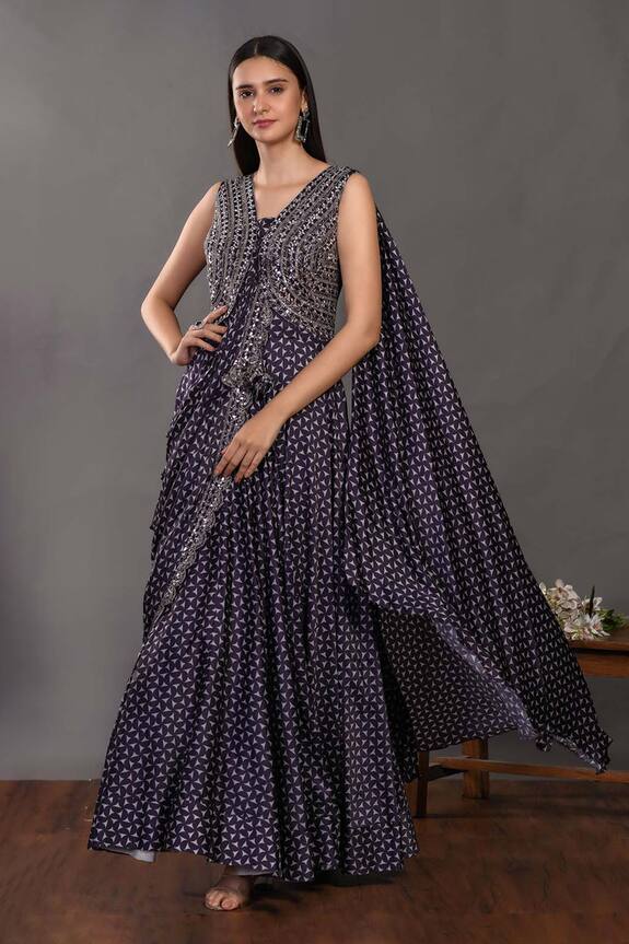 Onaya Blue Satin Printed Pre-draped Saree Gown 1