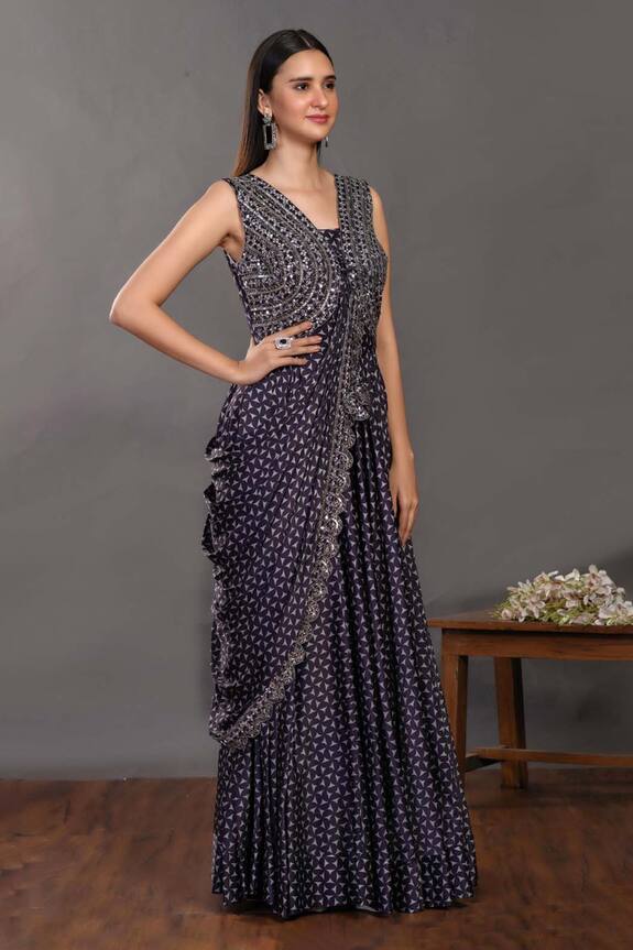 Onaya Blue Satin Printed Pre-draped Saree Gown 3