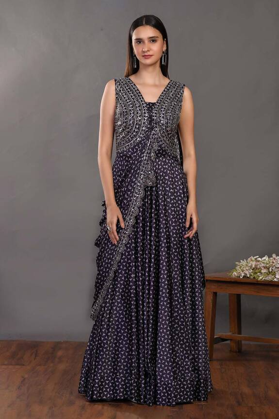 Onaya Blue Satin Printed Pre-draped Saree Gown 4