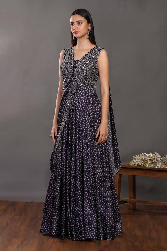 Onaya Blue Satin Printed Pre-draped Saree Gown 5