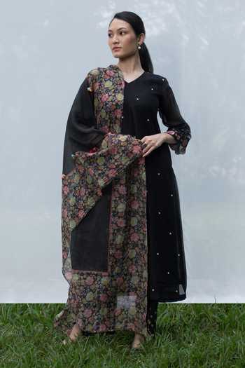 Beige - Bagru Block Printed Chanderi Silk Kurta with Palazzo & Dupatta Set