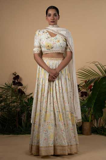 Buy Divya Reddy White Shantoon Floral Print Chanderi Lehenga Set Online ...