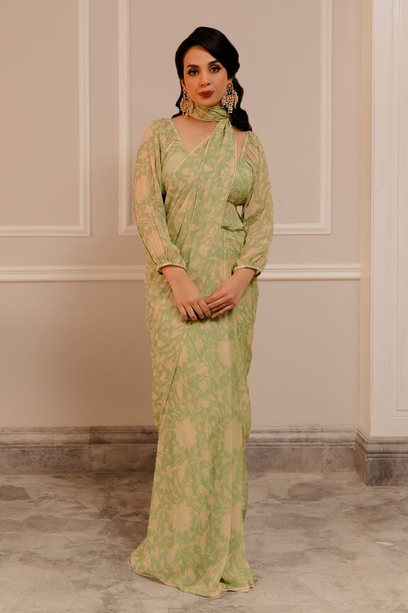 Paulmi and Harsh Green Georgette Pre-stitched Saree With Frill Top 3