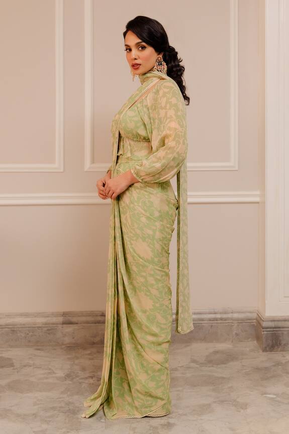 Paulmi and Harsh Green Georgette Pre-stitched Saree With Frill Top 5