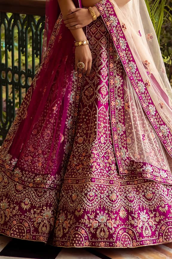 Angad Singh Pink Raw Silk Floral Embroidered Lehenga Set 4