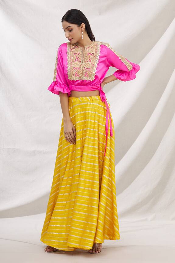 Bhairavi Jaikishan Yellow Satin Brocade Skirt And Top Set 4