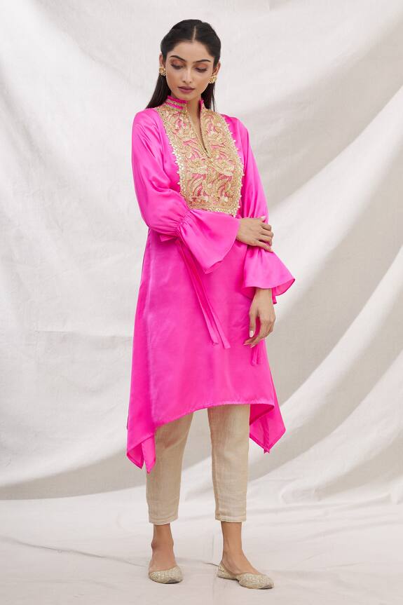 Bhairavi Jaikishan Pink Modal Satin Floral Embroidered Asymmetric Kurta 0